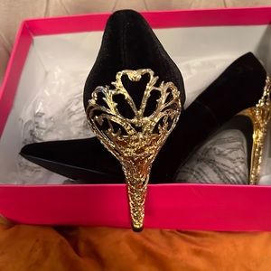 Gold embossed suede heels